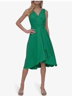NWT DKNY Women's Sleeveless Surplice Tie Fit Flare Midi Dress SZ 16 Apple Green